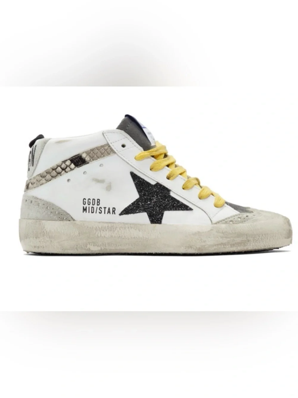 Golden Goose Women’s White Leather Sneaker Black Glitter Star and Yellow Laces